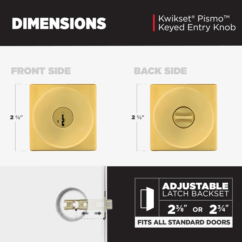 Kwikset Pismo Entry Door Knob with Lock and Key, Secure Keyed Handle Exterior, Front Entrance and Bedroom, Satin Brass, 10 Pack, Pick Resistant SmartKey Rekey Security