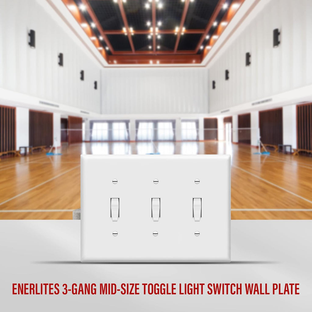 ENERLITES Toggle Light Switch Wall Plate, Gloss Finish, 3-Gang 4.88" x 6.77", Mid-Size, Unbreakable Polycarbonate Thermoplastic, UL Listed, 8813M-W, White