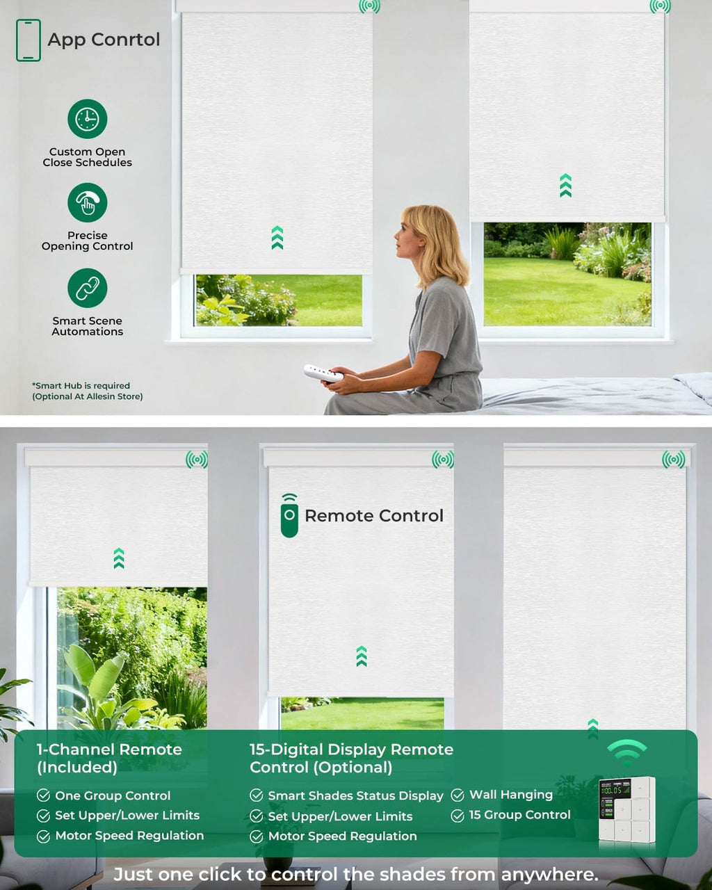 Allesin Motorized Roller Blinds – Rechargeable Smart Shades with Remote & Quiet Motor, Top/Bottom Aluminum Rails, Alexa-Compatible for Window (Custom Size, 100% Blackout Cloud-Patterned)