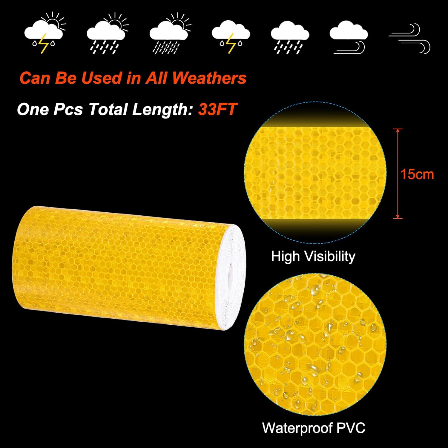 PATIKIL 6 Inch x 33 ft Reflective Tape, 1 Roll Waterproof Self Adhesive High Visibility Caution Warning Safety Tape Reflector with Scraper for Trucks Trailers Cars, Yellow