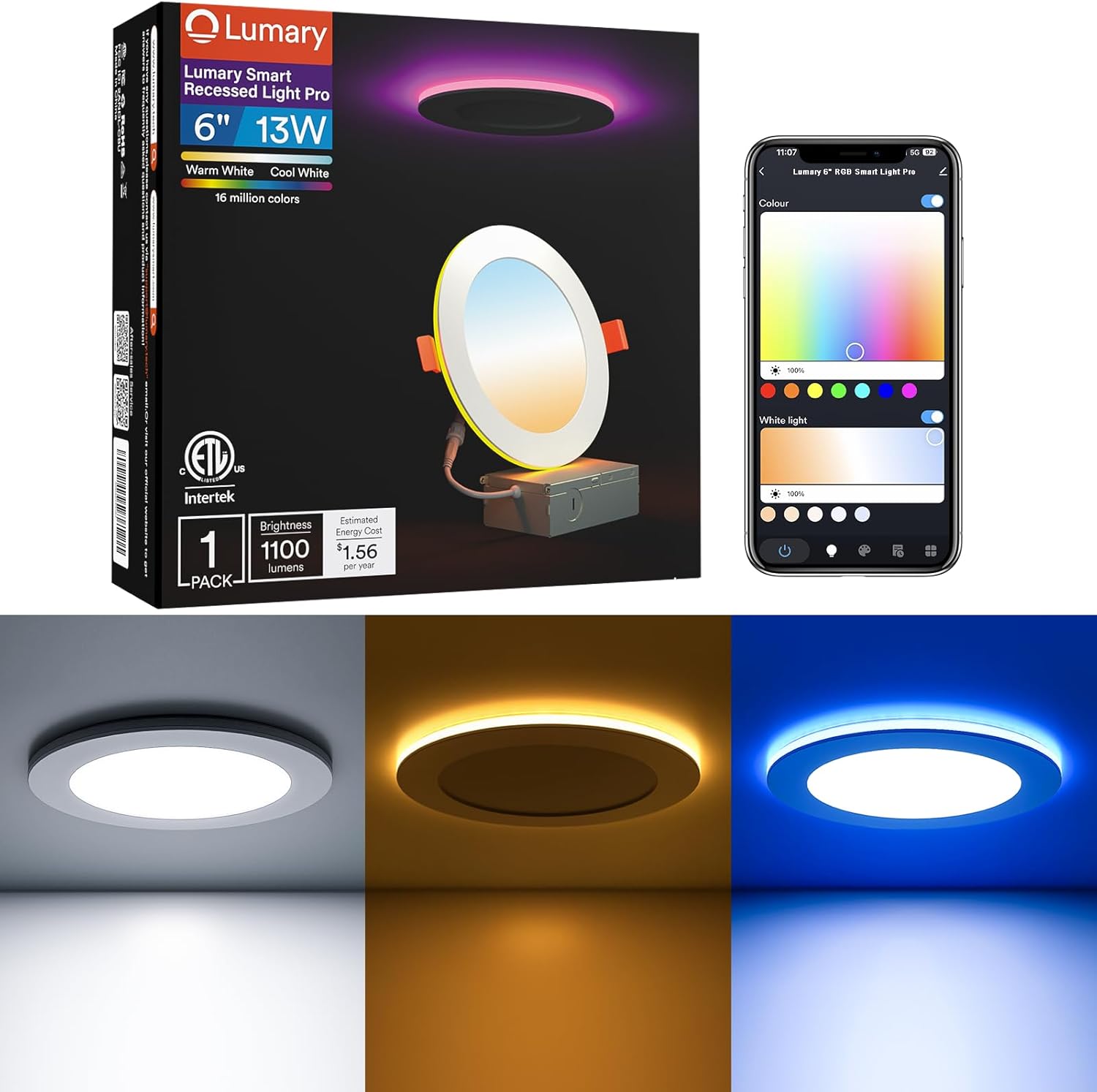 Lumary Smart Recessed Light Pro 6 Inch with RGB/Night Ring, 13W 1100LM Smart Wafer Downlight, Canless with Junction Box, Compatible with Alexa/Google Assistant/BT Remote, ETL Listed, 1Pack