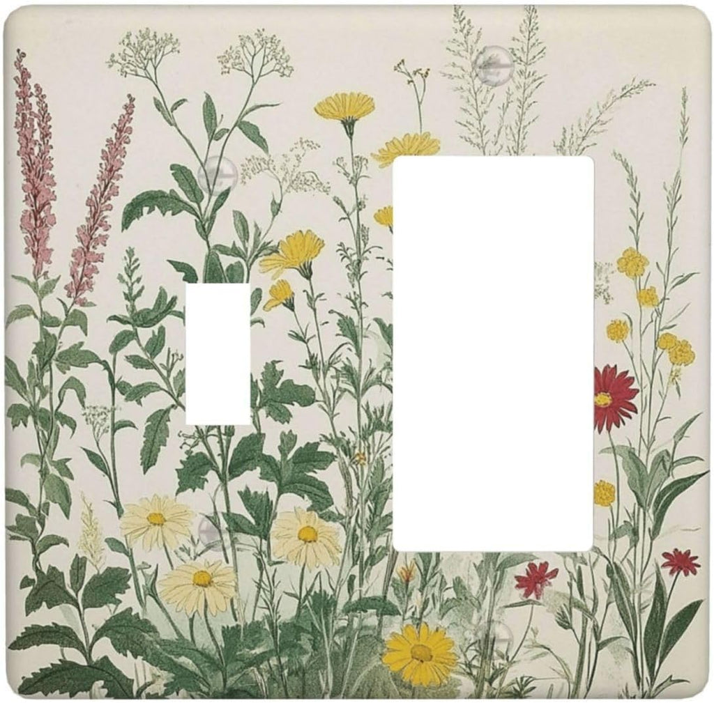 Rustic Wildflower Green Plants Daisy Floral Outlet Covers 1 Toggle 1 Rocker Combination Decorative Wall Plate Electrical Switch Plates Light Switch Cover Plate For Farmhouse Bed Room Decor