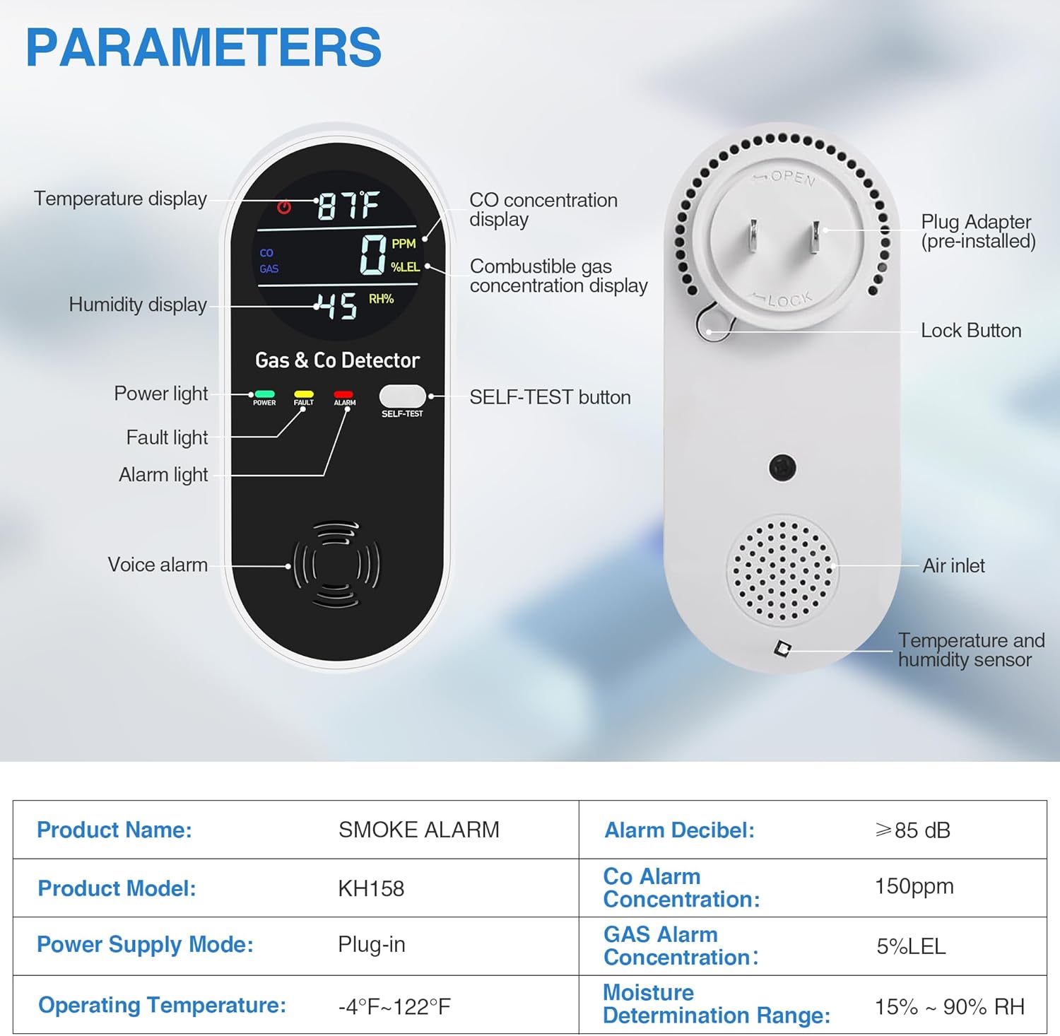 4-in-1 Portable Carbon Monoxide Detectors Plug in – Natural Gas Leak Detector, Methane & CO Alarm with Dual Sensor, Temperature & Humidity Display for Home, RV, Travel, 1 Pack