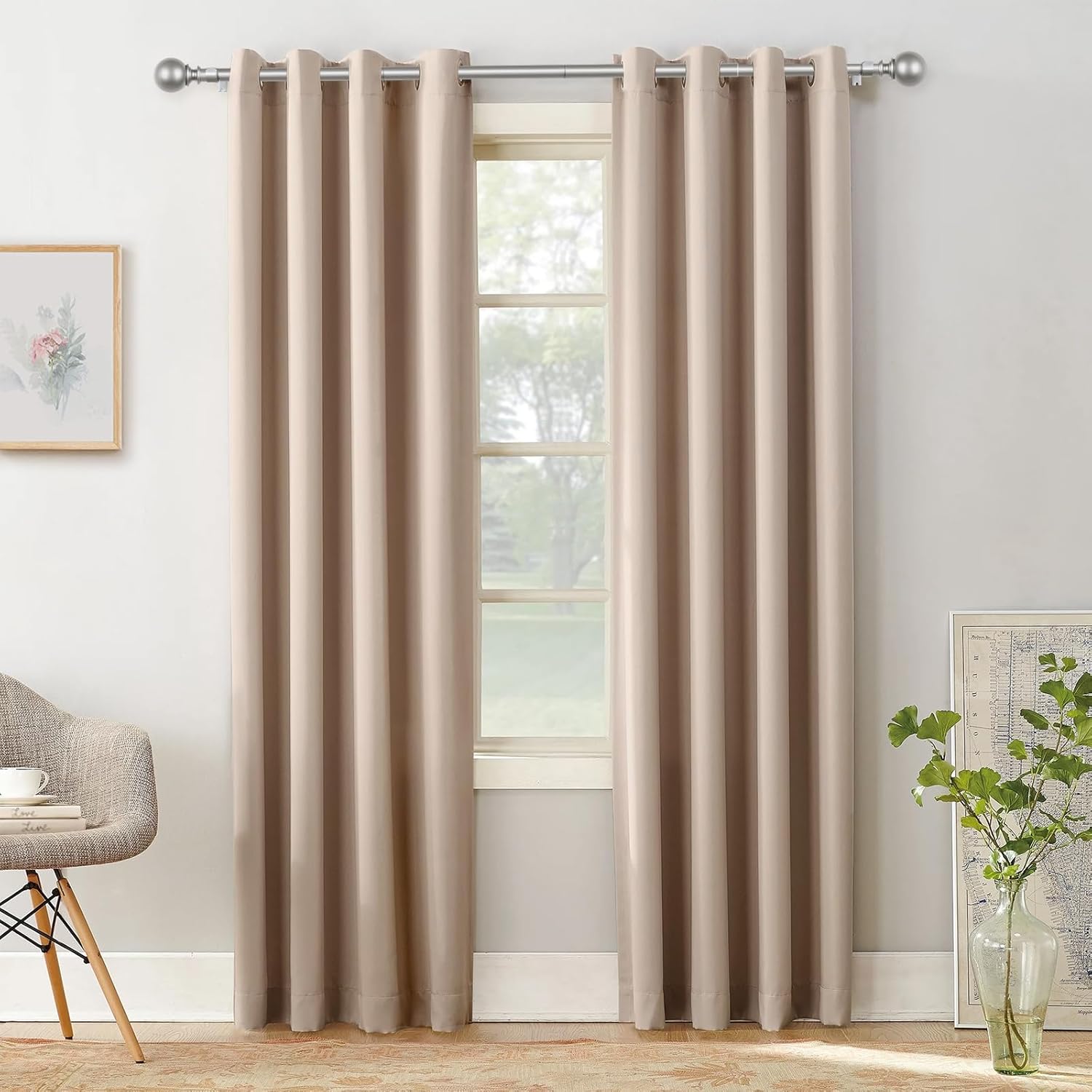 KAMANINA Curtain Rods for Windows 48 to 84 Inches, Antique Silver Curtain Pole 32 to 86 Inches (2.6-7.1ft), 7/8 Inch Decorative Drapery Rods with Round Finials