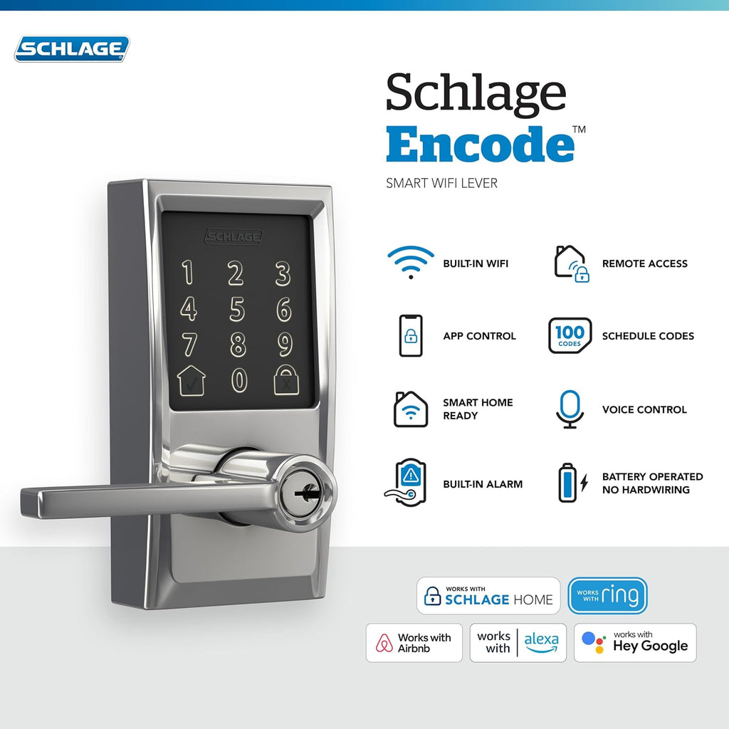 Schlage FE789WBCEN625LAT Encode Century WiFi Latitude Lever Smart Keyless Entry Touchscreen Door Lock, Bright Chrome