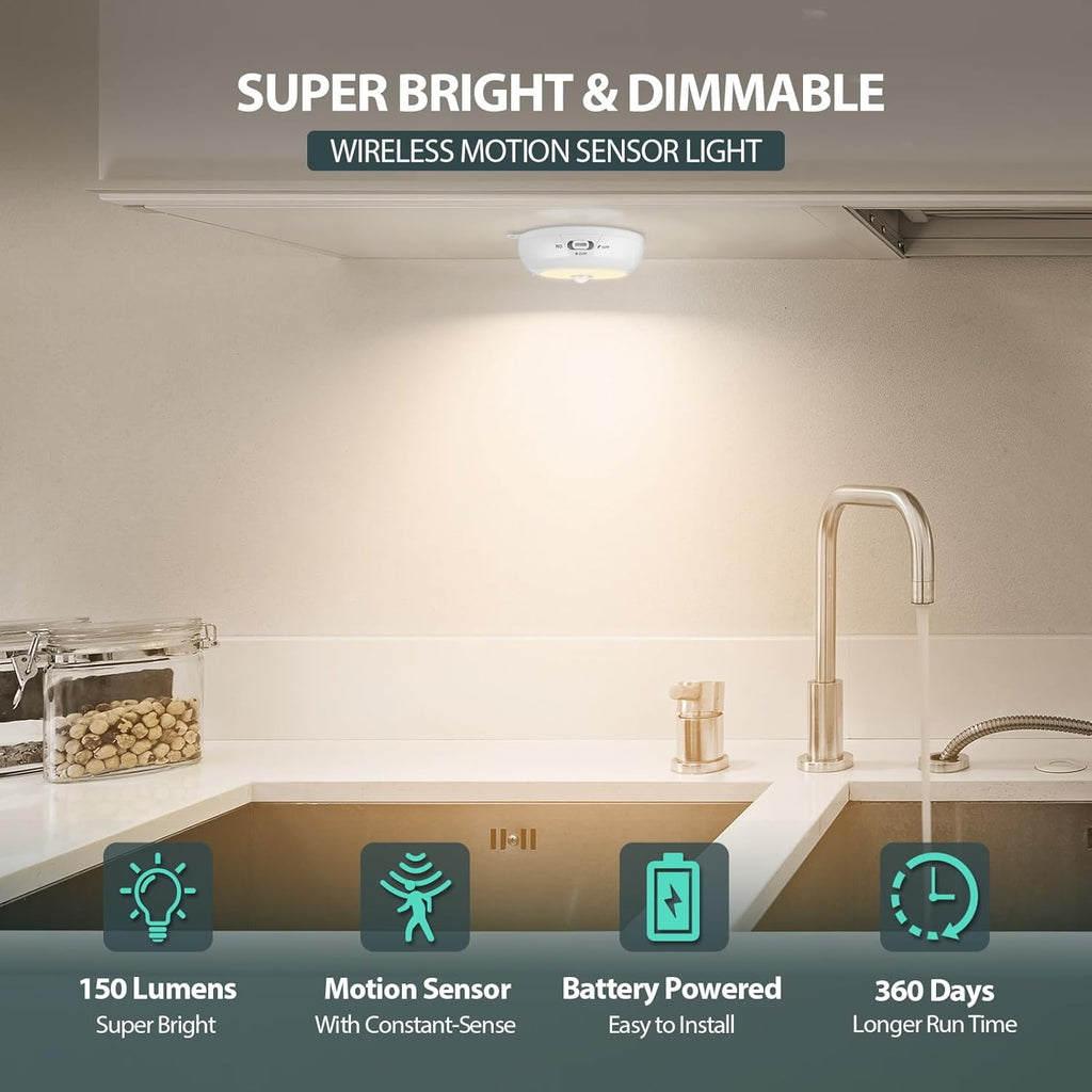 Motion Sensor Light Indoor AA Battery Operated, Under Cabinet Lighting, Magnetic Stick on LED Puck Lights for Stair, Wall, Closet, Dimmable, 3000K Warm White (3 Pack)