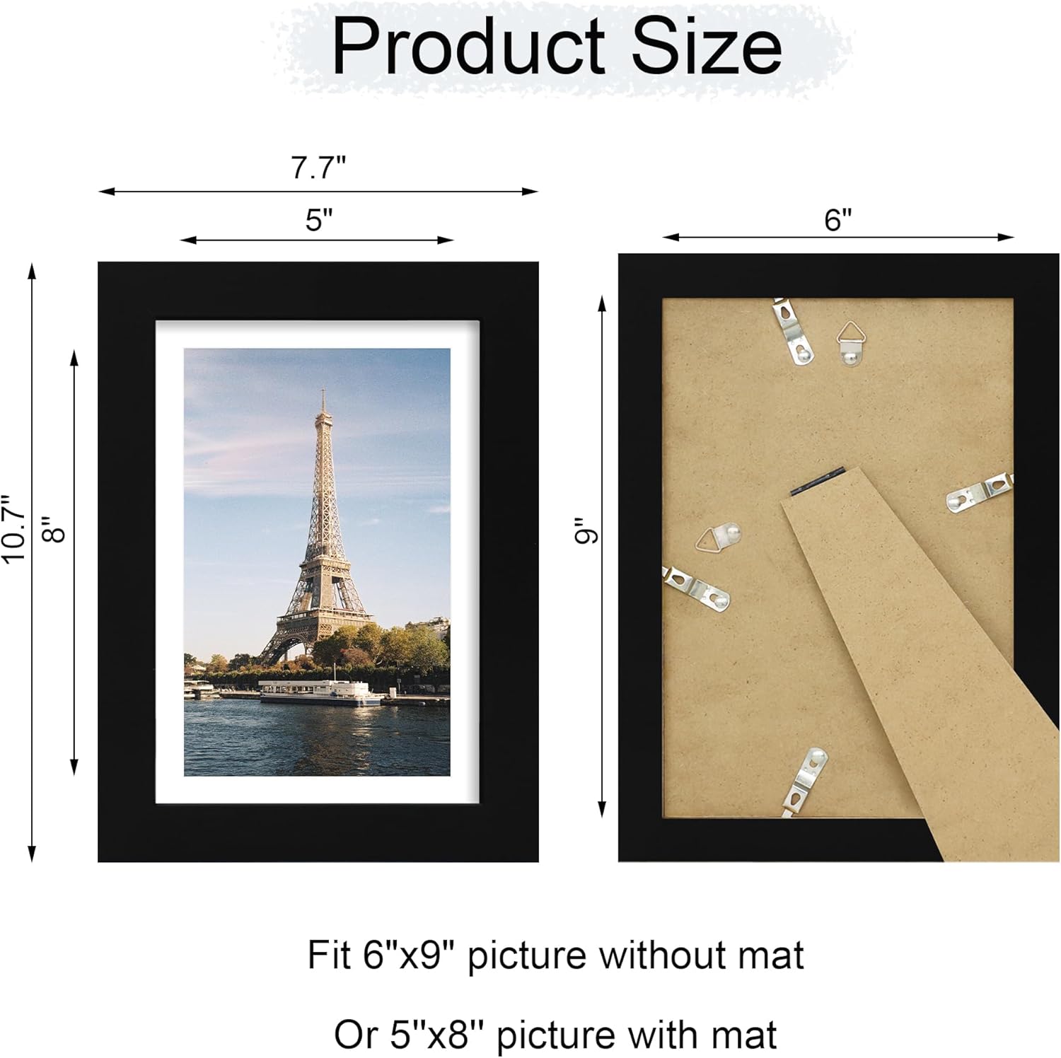 iRahmen 6x9 Picture Frame with HD Tempered Glass, Display Pictures 5x8 with Mat or 6 x 9 Without Mat, Wood Photo Frames for Tabletop and Wall Mount (Black, 1 Pack)