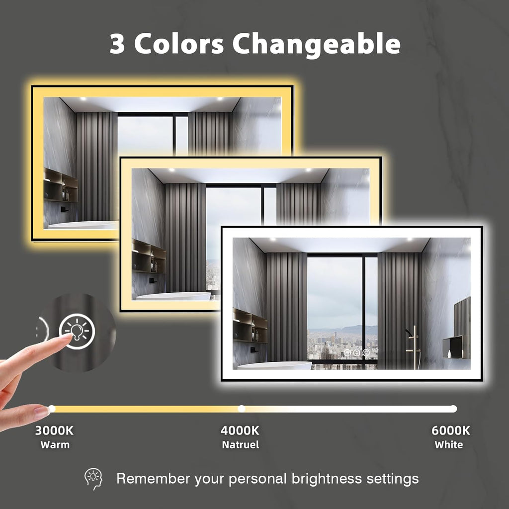 60x36 Lighted Mirrors for Bathroom Wall, Modern Rectangle Matte Black Mirror, Tempered Glass，Double Lights, 3 Colors Dimmable Temperature, IP54 Enhanced Anti-Fog, Memory (Horizontal/Vertical)