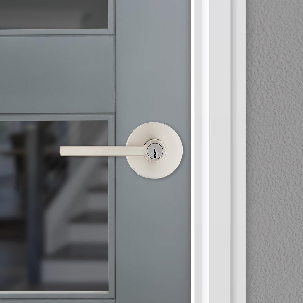 Kwikset Halifax Entry Door Handle with Lock and Key, Secure Round Keyed Reversible Lever Exterior, for Front Entrance and Bedrooms,Satin Nickel, Pick Resistant Smartkey Rekey Security and Microban