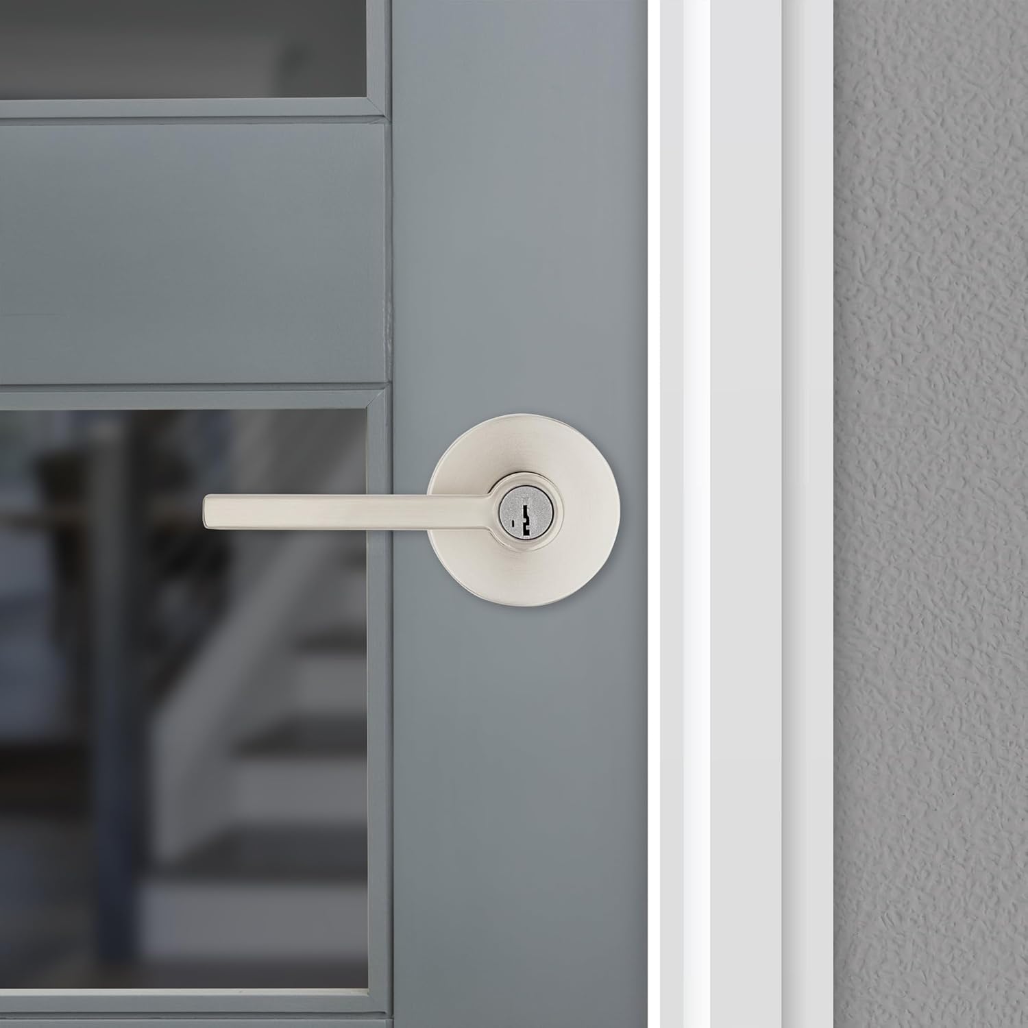 Kwikset Halifax Entry Door Handle with Lock and Key, Secure Round Keyed Reversible Lever Exterior, for Front Entrance and Bedrooms,Satin Nickel, Pick Resistant Smartkey Rekey Security and Microban