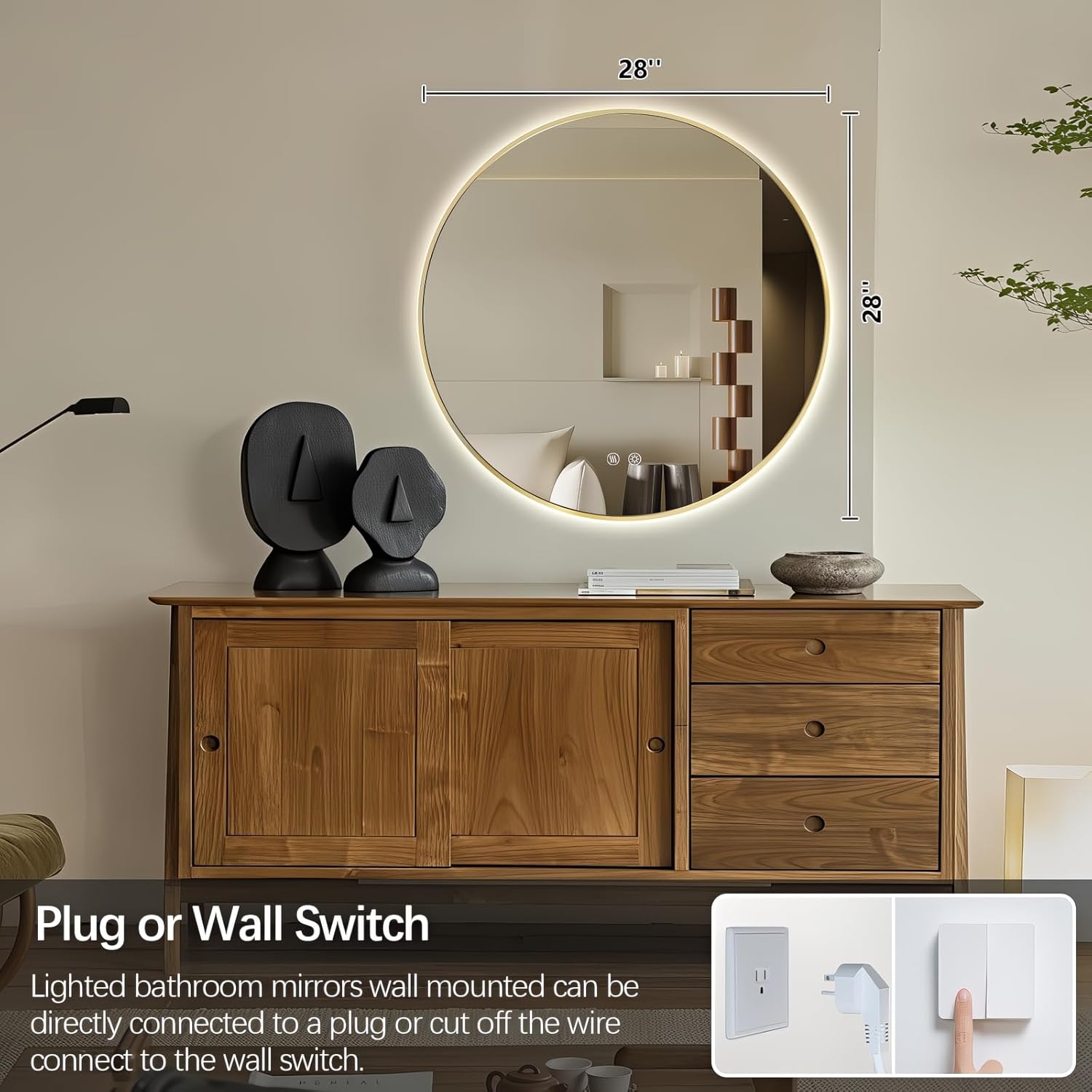 Niccy Round Led Mirror for Bathroom, 28" Backlit Mirrors for Wall Circle Lighted Mirror with Old Gold Frame Anti-Fog, 3 Colors, HD Glass and IP65 Waterproof