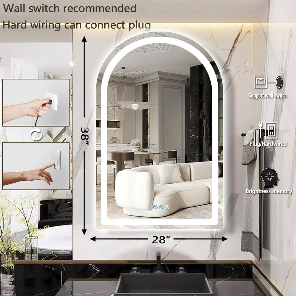THEKLA 28 x 38 Inch LED Arched Bathroom Mirror with Lights Arch LED Mirror for Bathroom Wall Arched Lighted Mirror AntiFog Dimmable 3 Color 38 Smart LED Light up Table Vanity Arch Mirror with Light