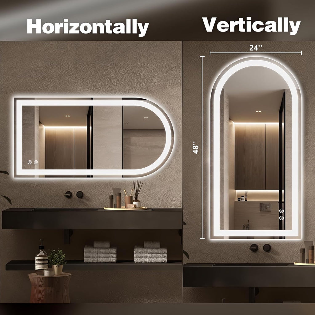 Niccy Arched LED Bathroom Mirror, 48x24 Arch Wall Mounted Frameless Bathroom Mirror for Vanity, Smart Lighted Frontlit Mirrors with Memory Function for Bathroom Bedroom Beauty Hair Salon