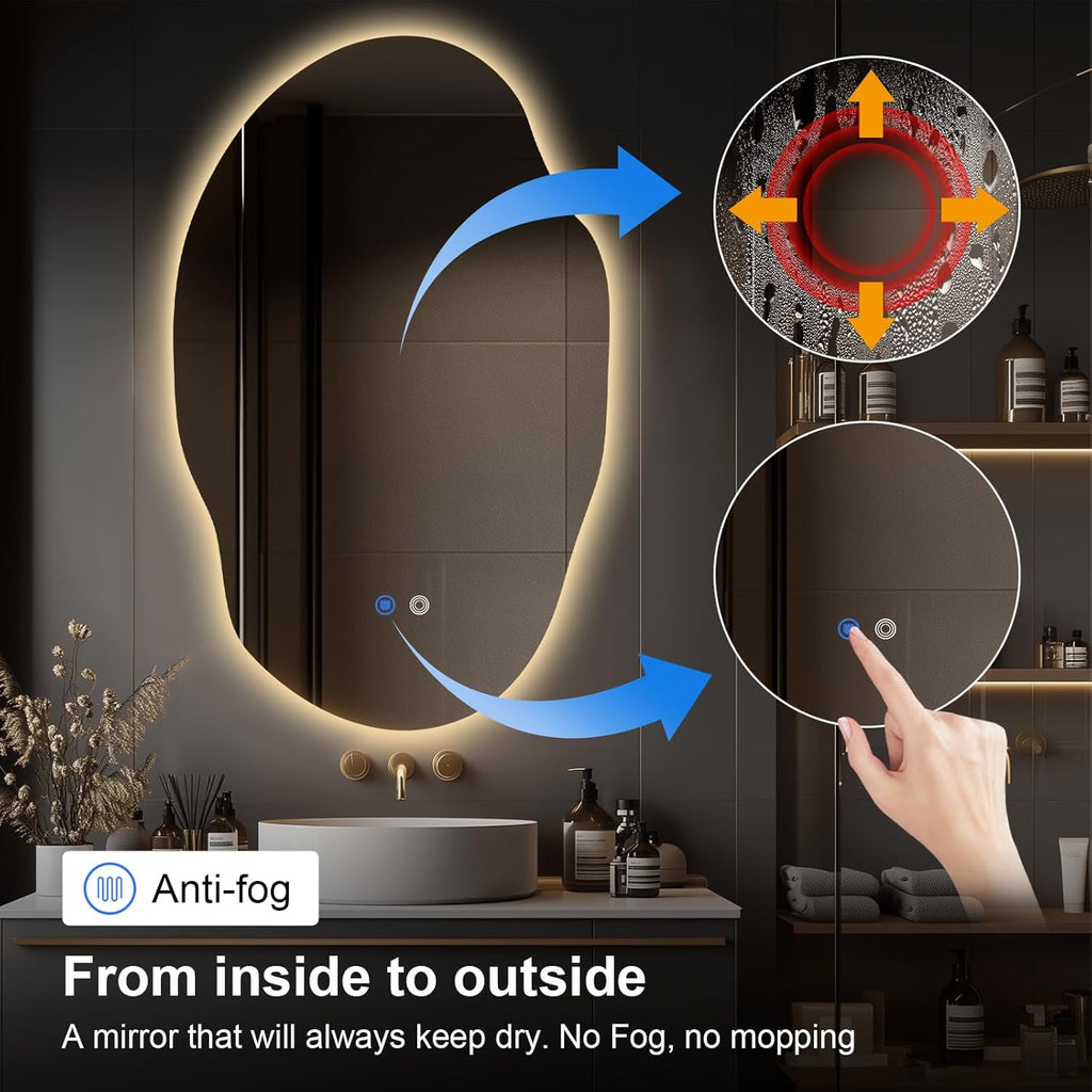 Asymmetrical LED Bathroom Mirror with Lights,Irregular Led Bathroom Vanity Mirror for Wall with Backlit, Anti Fog, 3 Colors and Dimmable Light,[Horizontal/Vertical] 48" H x 30" W