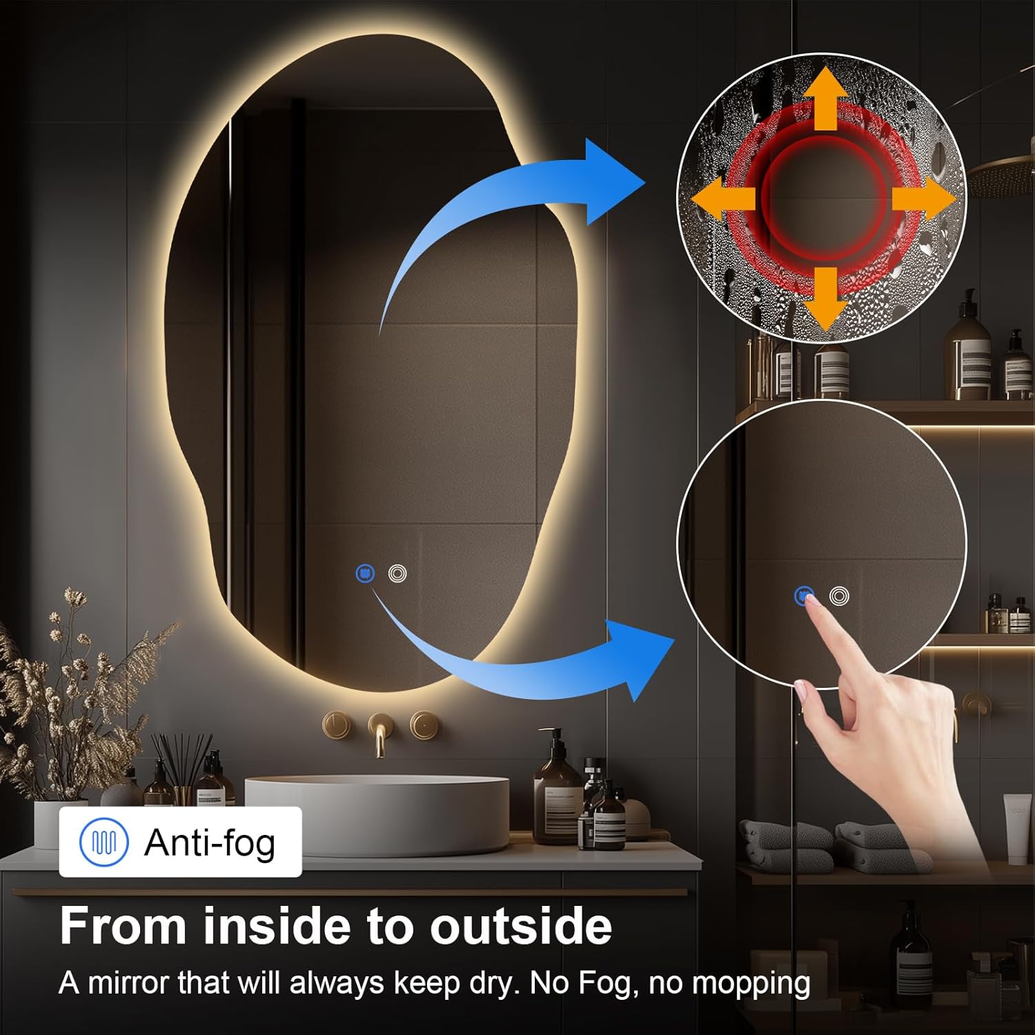 Asymmetrical LED Bathroom Mirror with Lights,Irregular Led Bathroom Vanity Mirror for Wall with Backlit, Anti Fog, 3 Colors and Dimmable Light,[Horizontal/Vertical] 48" H x 30" W