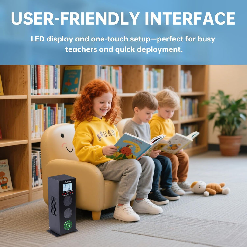 Noise Detector with Traffic Light Alert & Adjustable dB Threshold & Volume, Temp & Humidity Display, for Classroom Noise Control, Fun Interaction for Easy Noise Management