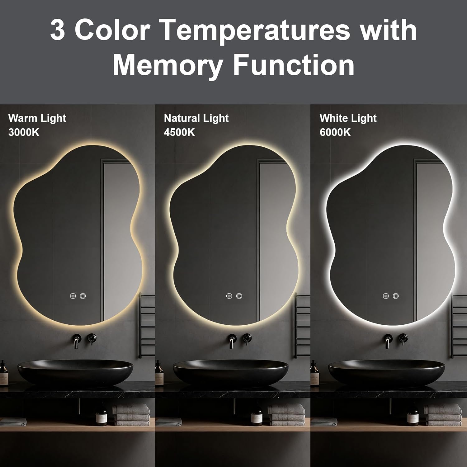 Asymmetrical Lighted Mirror for Bathroom,Modern LED Vanity Mirror with Backlit,Fog-Free,Tri-Color Dimmable Lighting with Memory Function,Hardwire Ready [Horizontal/Vertical] 35" H x 25" W
