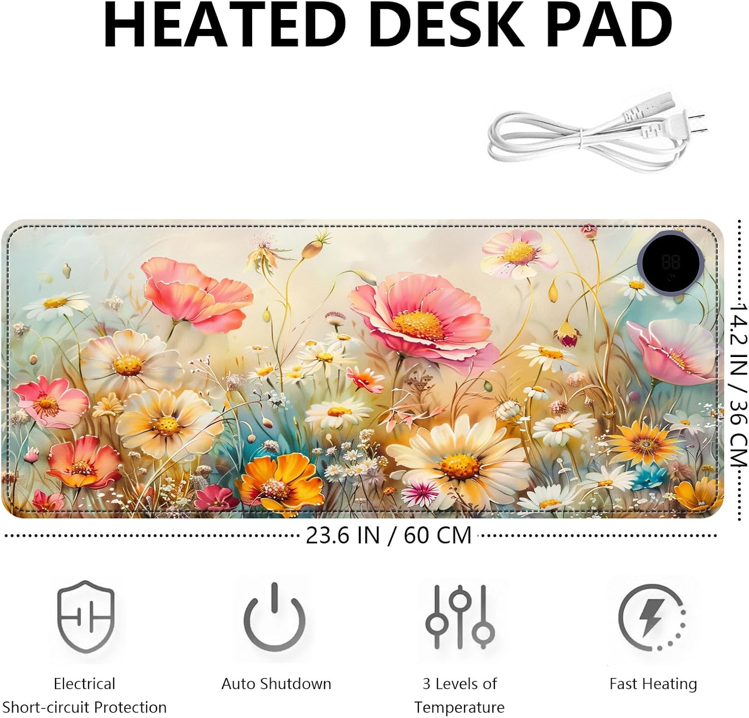 Heated Mouse Pad with 3 Levels Heated & 3 Hours Auto Shut-Off Mouse Pad for Warming Hands in Office Home, 23.6" x 14.2"Large Safe Desk Mat Hand Warmer，Colorful Flowers