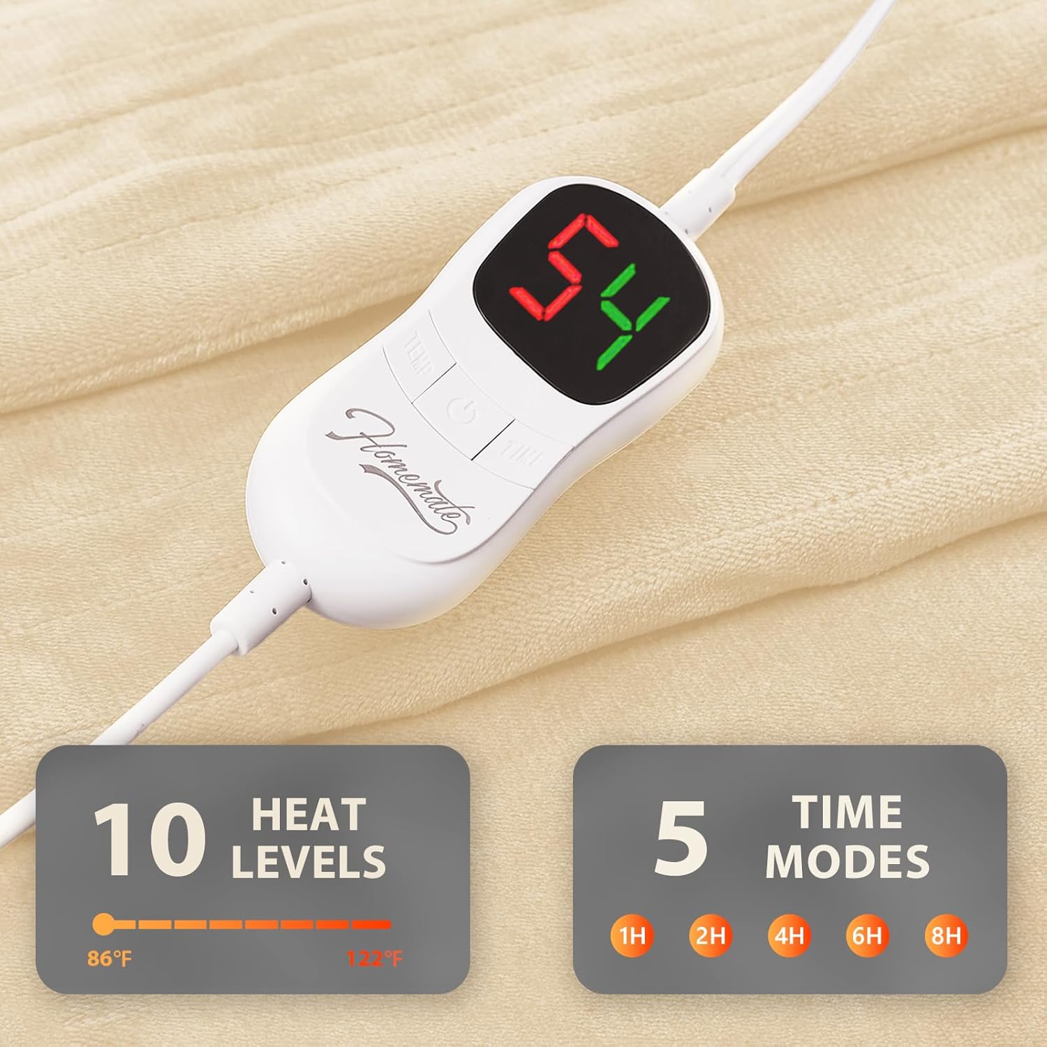 Homemate Electric Heated Blanket Twin Size - 62"x84" Heating Blanket Twin Size 1/2/4/6/8 Hours Auto-Off 10 Heat Level Over-Heat Protection Flannel Sherpa ETL Certification