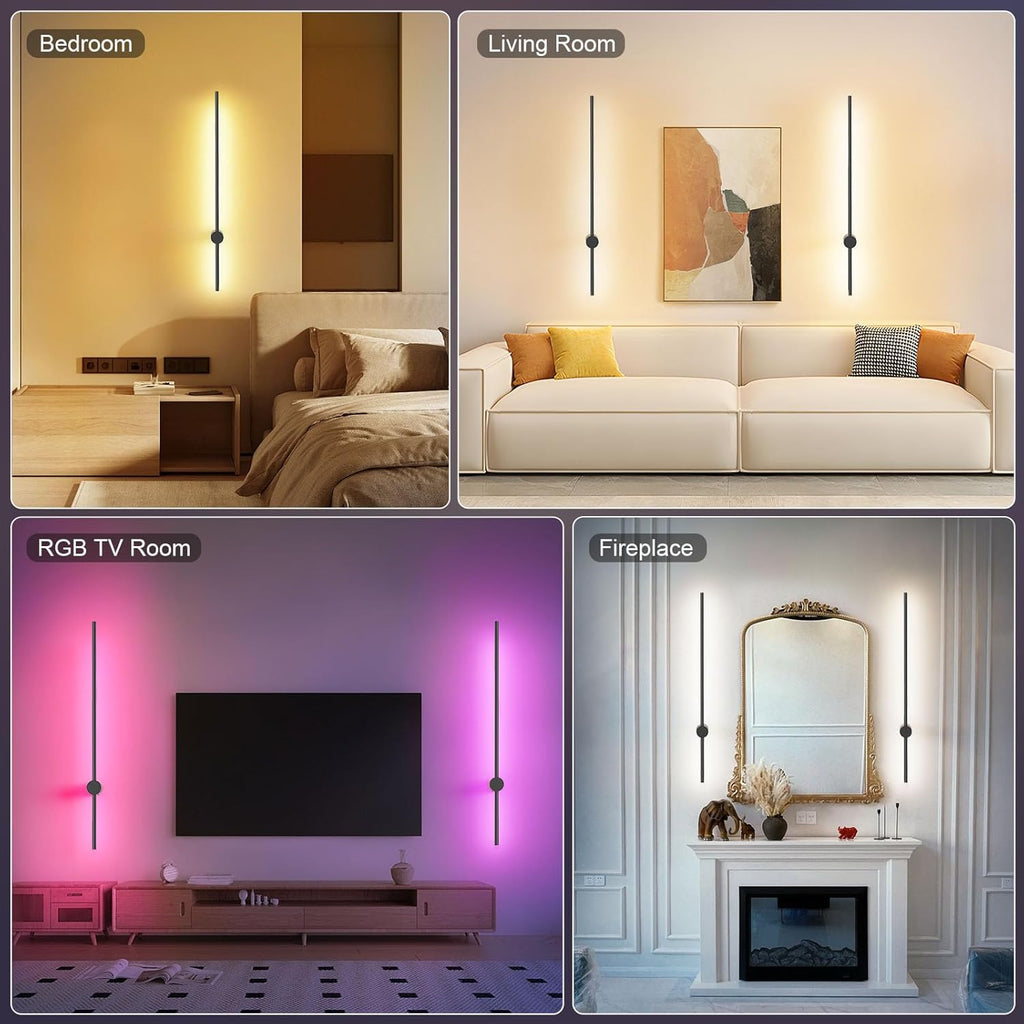 NIORSUN 35.4 Inch Battery Operated Wall Sconce Set of 2,Black Minimalist Rechargeable LED Wall Lights with Remote, 10 Colors Dimmable Wireless Wall Sconce for Living Room Bedroom Hallway
