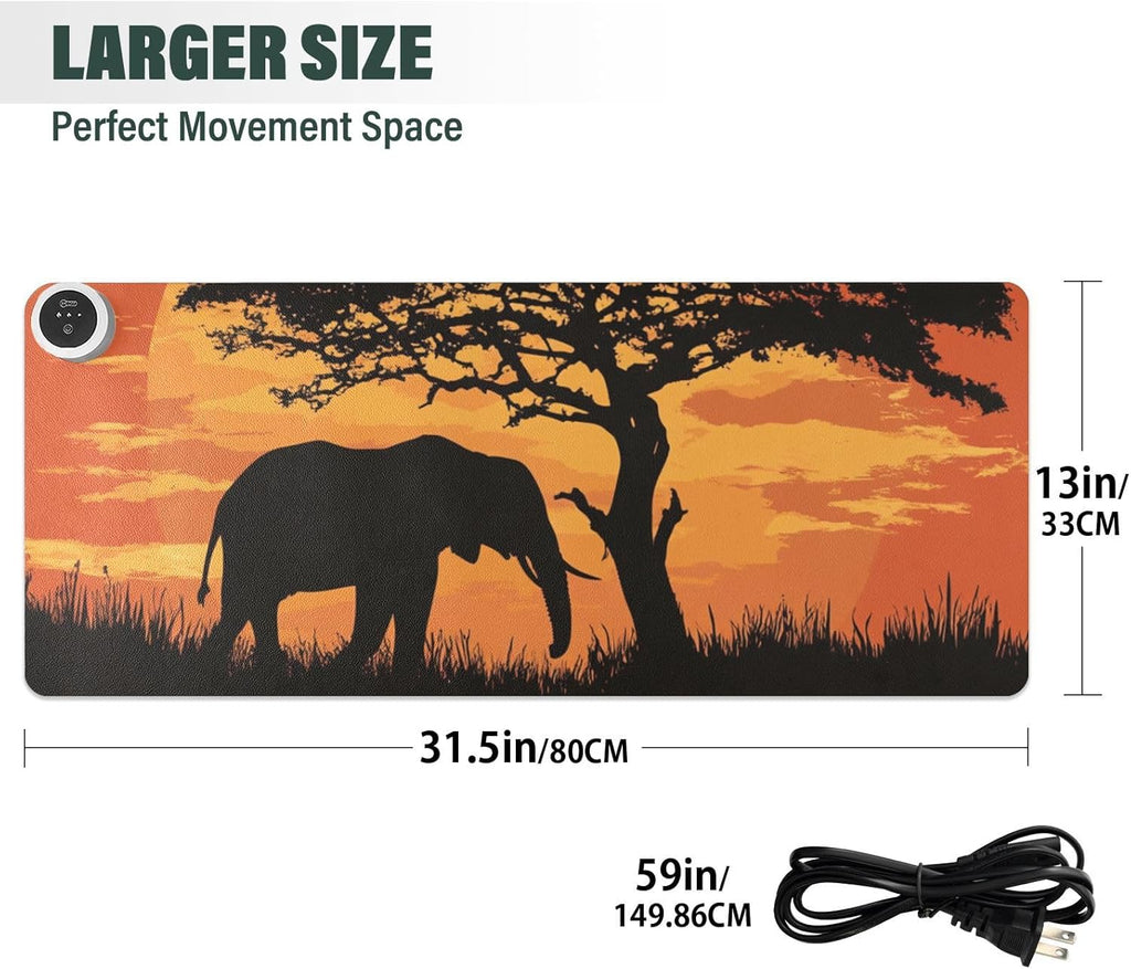 Heated Desk Pad Mouse Pad 31.5x13 Inch PU Leather Desk Mat with 3 Heat Levels Large Mouse Gaming Computer Laptop Mat Elephant Silhouette Sunset Red