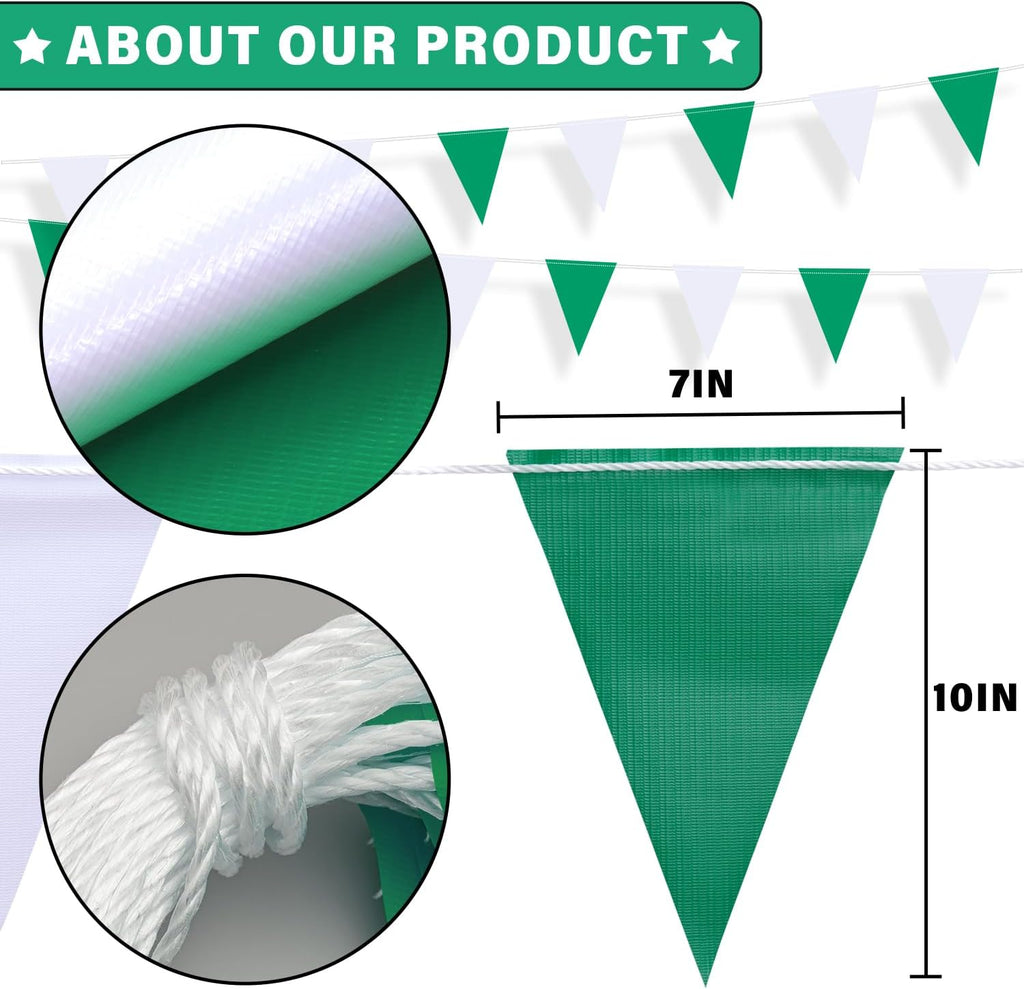 105ft Green and White Pennant Banner Flag, 7"x10" Fluorescent Safety Flagging Banner Warning Flag for Construction Site/Boundary Barrier Signs, Perimeter Marking Flags on String, 45 Flags