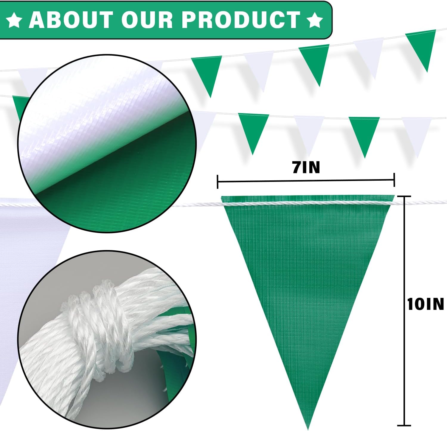 105ft Green and White Pennant Banner Flag, 7"x10" Fluorescent Safety Flagging Banner Warning Flag for Construction Site/Boundary Barrier Signs, Perimeter Marking Flags on String, 45 Flags