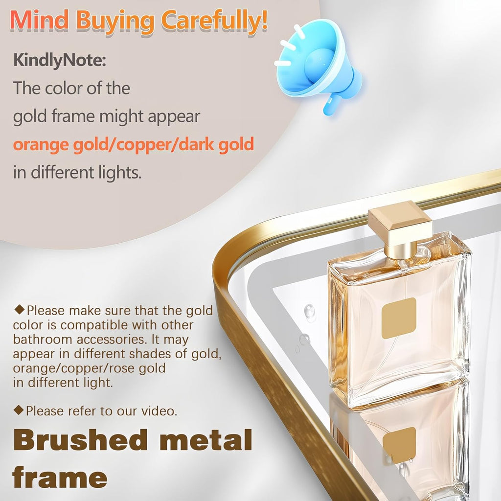 48"x24" Lighted Vanity Mirror with Lights, Gold Metal Frame Led Mirror for Bathroom, Anti-Fog Wall Mirror with Front and Backlit, Shatterproof, 3 Colors Stepless Dimmable, Horizontal/Vertical