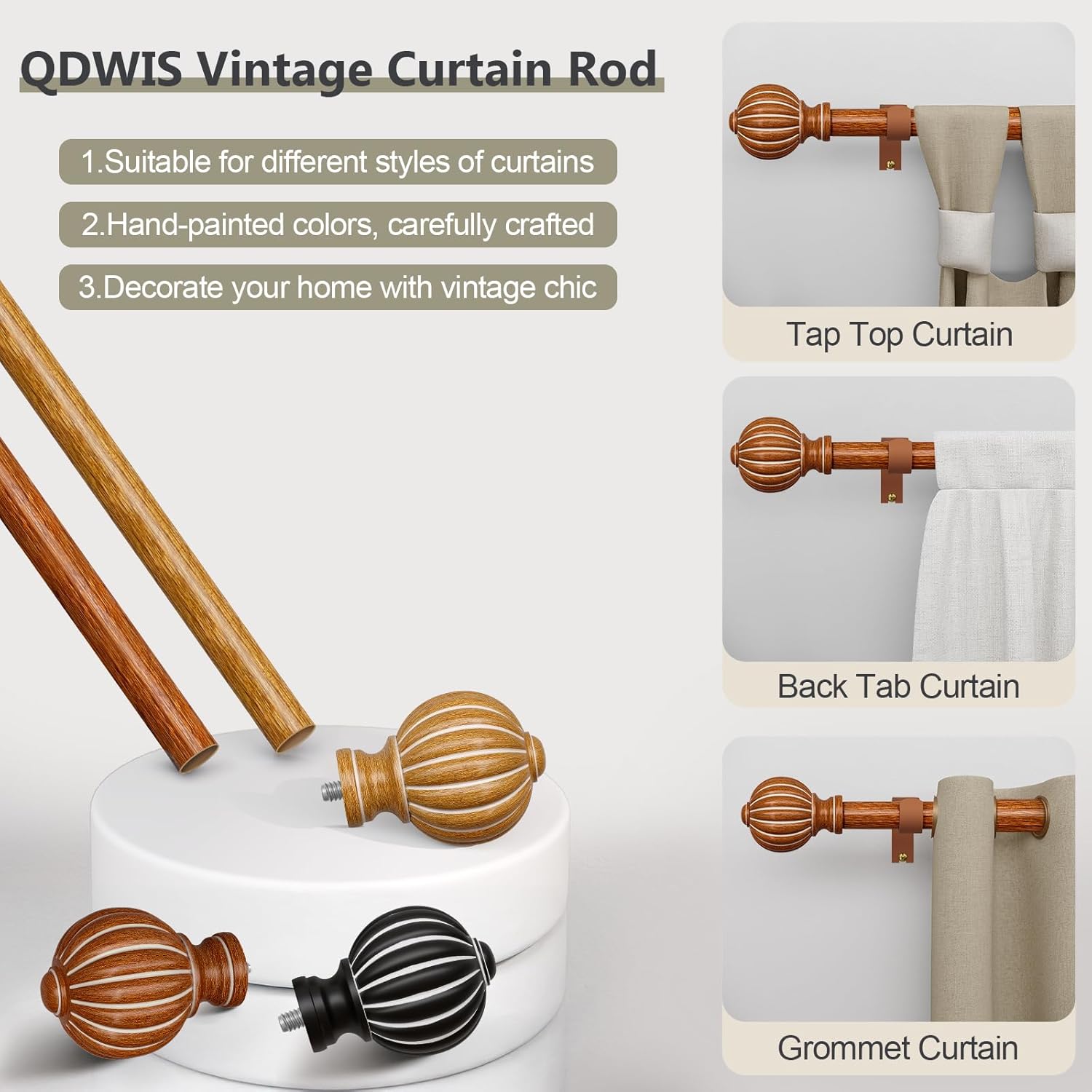 Reddish-Brown Wood Curtain Rods for Windows 66 to 120 Inch, 1'' Adjustable Heavy Duty Curtain Rod，Vintage Imitation Wood Decorative Drapery Rods with Pumpkin Finials for Bedroom Living Room