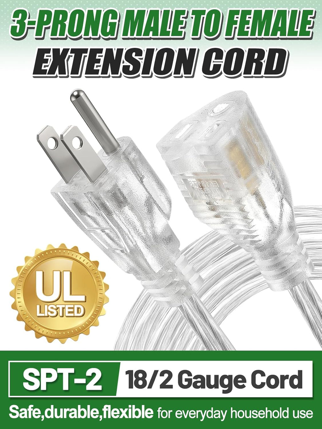 10ft Clear Extension Cord - Male to Female Invisible Indoor Thin 3 Prong Power Cable for Christmas Light Extension Cord, UL-Certified (2 x 18 AWG 250V 6A)