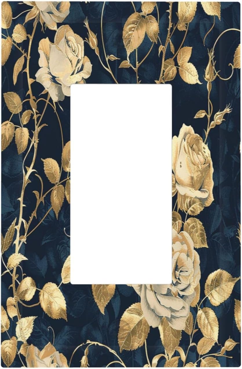 Decorative Outlet Covers Boho Vintage Floral Golden Flower Dark Blue Background 1 Gang Single Rocker Light Switch Cover Plate Wall Plates GFCI Faceplate for Bedroom living Room Decor