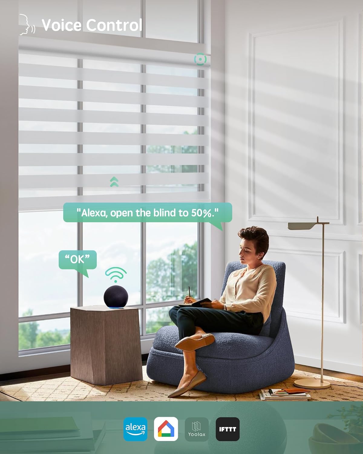 Yoolax Motorized Zebra Blinds Compatible with Alexa,Motorized Blinds with Remote Smart Automatic Custom Electric Window Blinds Cordless Indoor Blackout for Home Bedroom Kitchen (Pearl White)