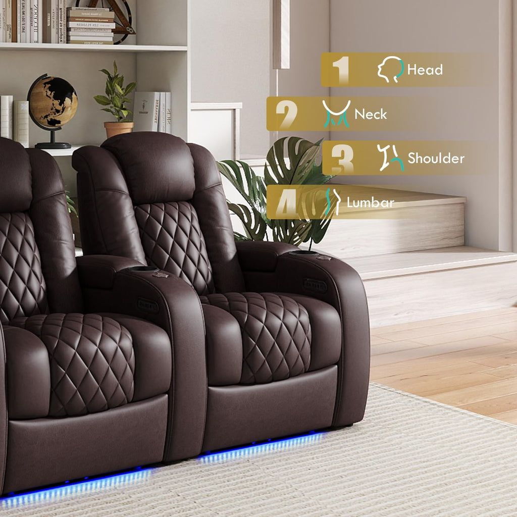 Weilianda Home Theater Seating Top Grain Leather Zero Gravity Recliner Chair Power Headrest Recline Movie Seat Gaming 7 Colors Mood Light Sofa with Tray Table USB Charge Row of 3 Loveseat Left Brown