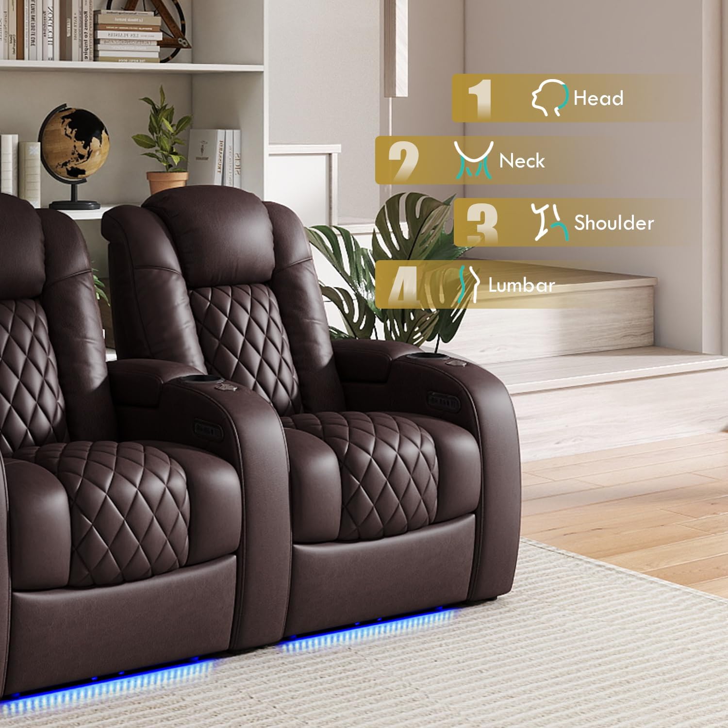 Weilianda Home Theater Seating Top Grain Leather Zero Gravity Recliner Chair Power Headrest Recline Movie Seat Gaming 7 Colors Mood Light Sofa with Tray Table USB Charge Row of 3 Loveseat Left Brown