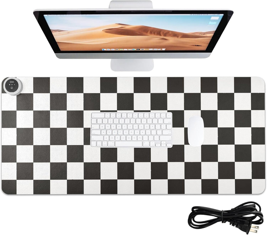 Checkered Black and White Heated Desk Pad Mouse Pad 31.5x13 Inch PU Leather Desk Mat with 3 Heat Levels Large Mouse Gaming Computer Laptop Mat