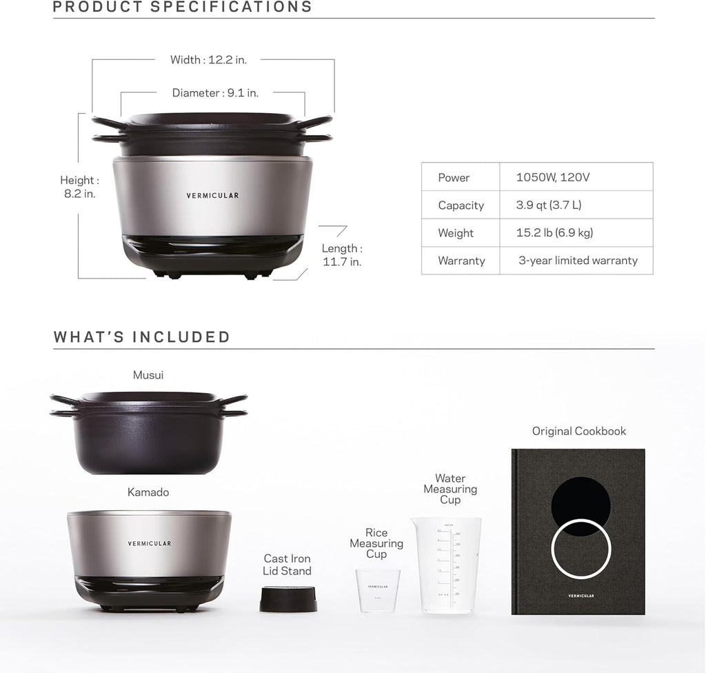 Vermicular Musui–Kamado (RICEPOT) | Cast Iron Induction Cooker | Precision Multicooker | Japanese Rice Cooker | Slow Cooker | Non-Toxic Enameled Cast Iron Pot | Sea Salt | US Model (120V)