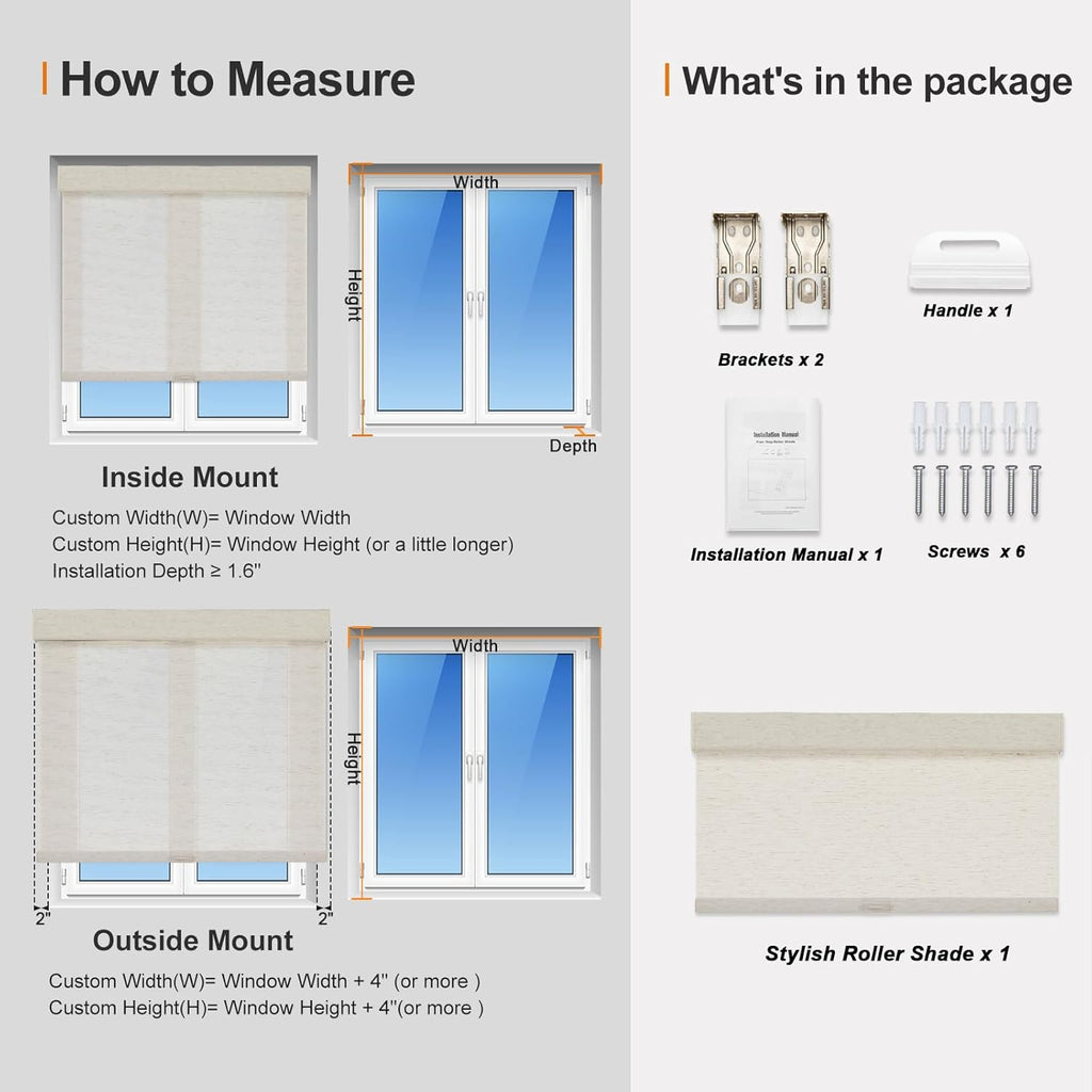 Persilux Custom Size Light Filtering Cordless Roller Blinds Natural Woven Stripes Fabric Thermal Insulation Privacy Roller Shades for Home,Office,Bedroom,Cream Color