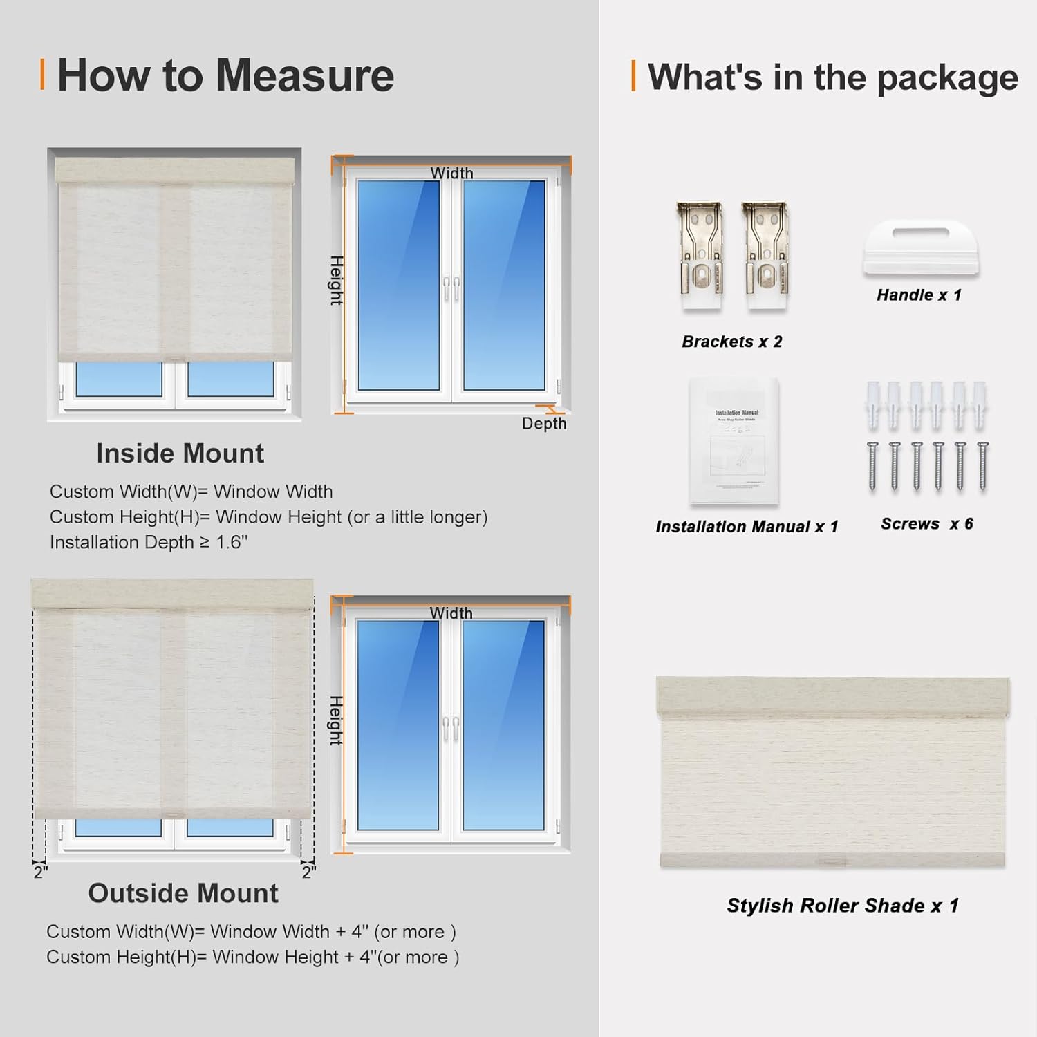 Persilux Custom Size Light Filtering Cordless Roller Blinds Natural Woven Stripes Fabric Thermal Insulation Privacy Roller Shades for Home,Office,Bedroom,Cream Color