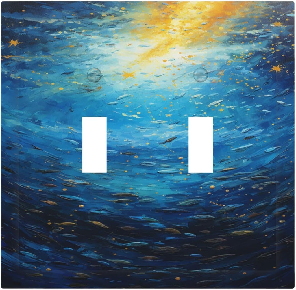 Decorative Switch Plates Dream Ocean Underwater World Fish Shoal 2 Gang Double Toggle Wall Plate Outlet Light Switch Cover Electrical Faceplate for Kids room Nursery Decor