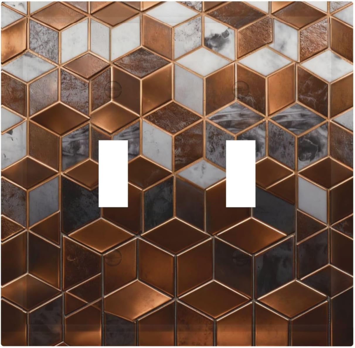 Brown Abstract Luxury Modern Geometric Cubic Marble 2 Gang Double Toggle Decorative Light Switch Covers Electrical Faceplate Switch Plates for Bathroom Kitchen Home