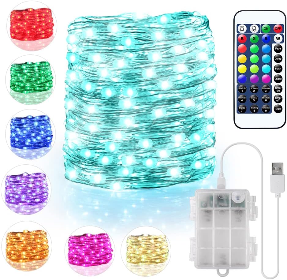 OMIKA 16.4ft 50 LEDs16 Color Battery Operated & USB Powered String Lights, with Remote Timer Waterproof Silver Wire Twinkle Lights for Room Garden Patio Indoor Outdoor Decor(132 Modes)