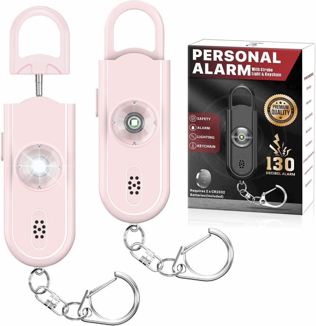 Personal Safety Alarm Keychain for Women 2PCS -130 dB Loud Siren with SOS Strobe Light, Flashlight, Double Speakers, Safe Defense Key Chain for Girls Kids Elders Emergency Call