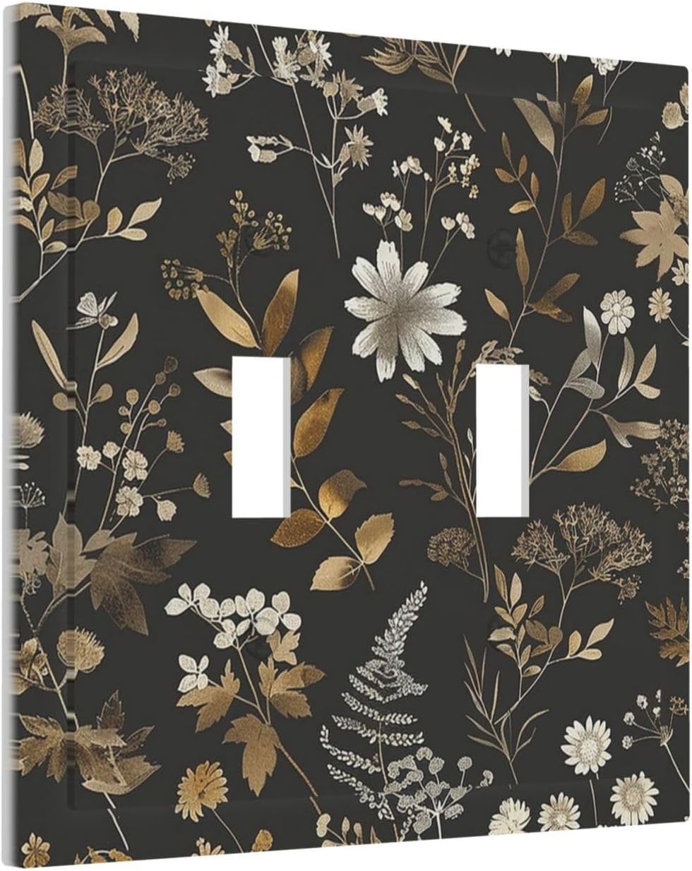 Decorative Switch Plates Black Gold Floral Dark Leaves Vintage Flowers 2 Gang Double Toggle Outlet Light Switch Cover Wall Plate Electrical Faceplate for Bed Room Home Decor