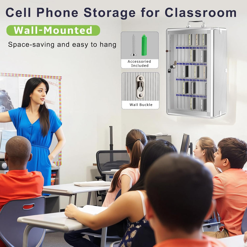 Loghot Aluminum Alloy Pocket Chart Cell Phones Storage Cabinet for Cell Phones, Wall-Mounted Cell Phone Locker Phone Holder with Lock for Classroom, Office, Can be Carried by Hand (60 Slots)