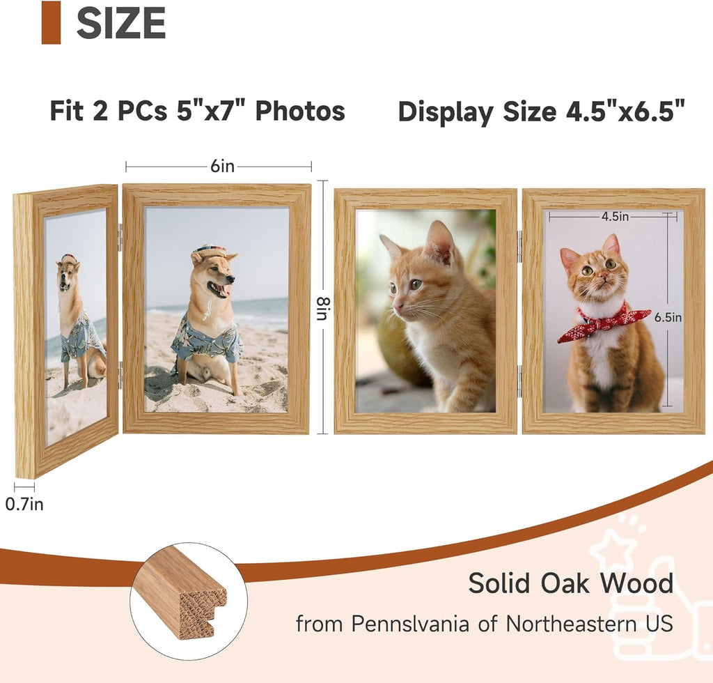 Axeman 5x7 Double Picture Frame - Solid Oak Wood Vertical Hinged 5x7 Photo Frame 2 Opening Folding Family Frames Collage With Real Glass for Tabletop Display, Hanging Hardware Included | Natural