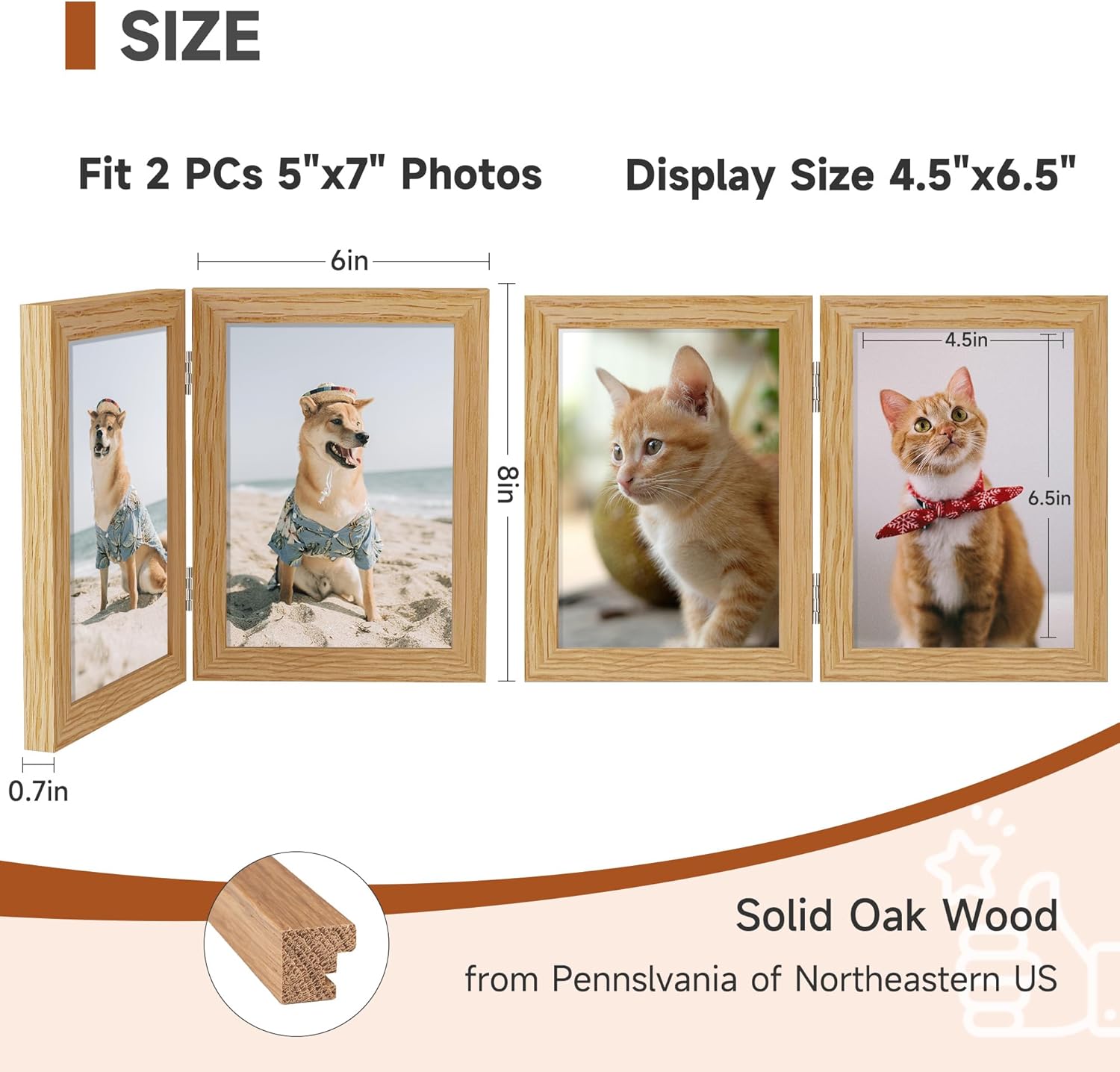 Axeman 5x7 Double Picture Frame - Solid Oak Wood Vertical Hinged 5x7 Photo Frame 2 Opening Folding Family Frames Collage With Real Glass for Tabletop Display, Hanging Hardware Included | Natural