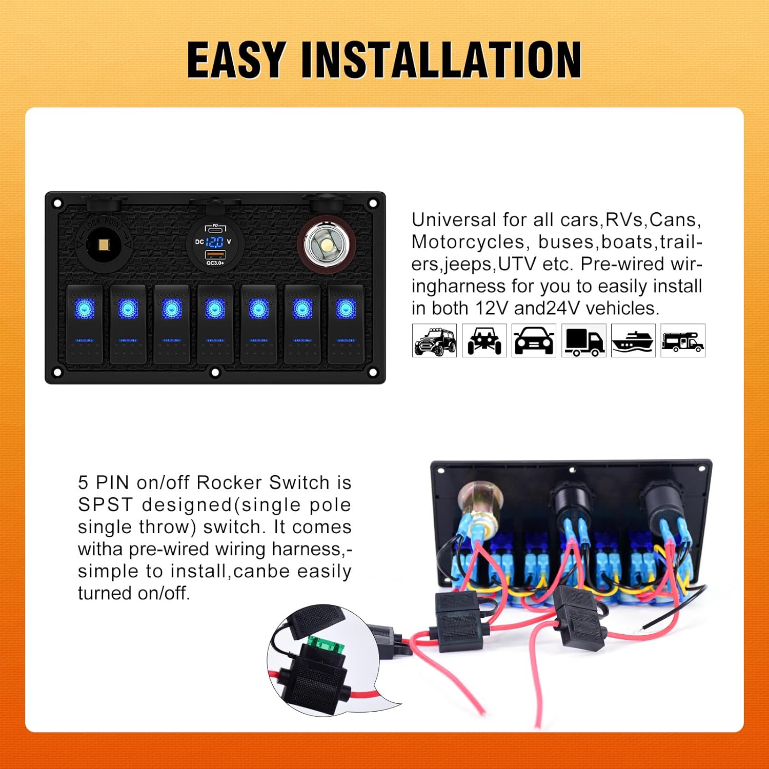 Marine Boat Rocker Switch Panel,Waterproof 7 Gang Toggle Switch Panel with Dual USB and Voltmeter Panel for RVs, Cars, Boats, Trucks,Trailers - 12-24V