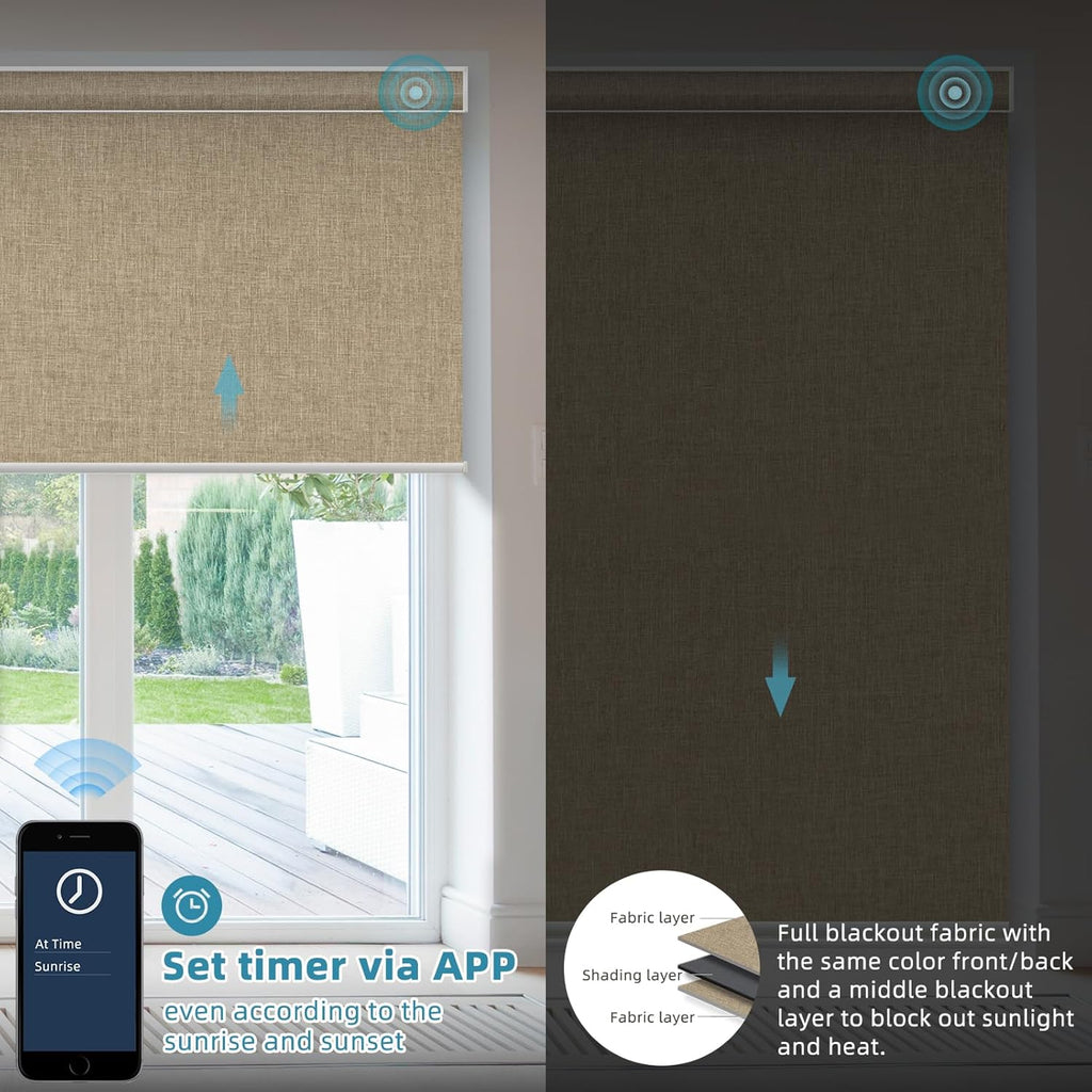 SmartWings Motorized Smart Blinds with Remote, Automatic Blackout Roller Shade Work with Alexa Homekit Thread Google Z-Wave, Electric Blind for Window, Custom Width Up to 110" W,Bouvardia Light Brown