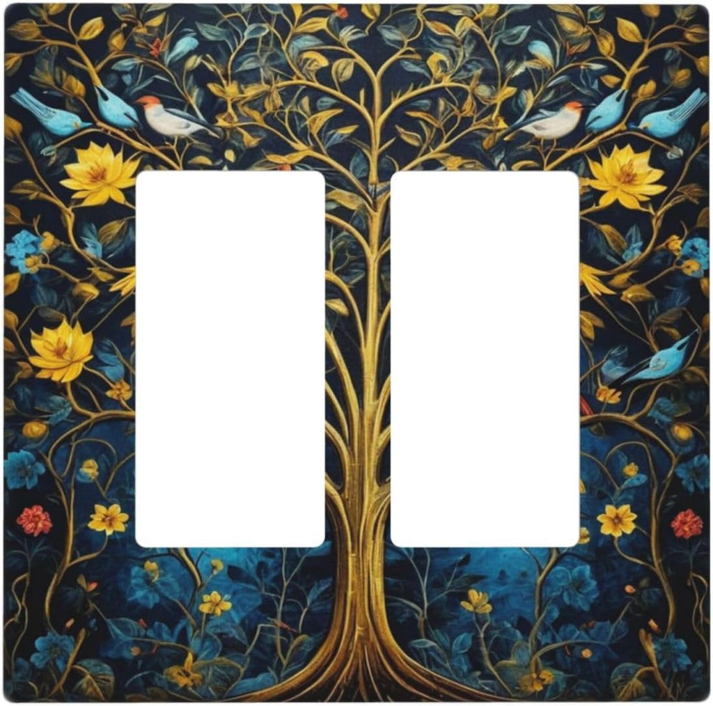 Gold Tree With Birds Flowers on Branches Dual Outlet Covers Wall Plate 2 Gang Rocker Decora Decorative Switchplate Electrical Faceplate GFCI Light Switch Covers for Farmhouse Living Decor
