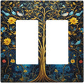 Gold Tree With Birds Flowers on Branches Dual Outlet Covers Wall Plate 2 Gang Rocker Decora Decorative Switchplate Electrical Faceplate GFCI Light Switch Covers for Farmhouse Living Decor